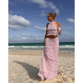 Women 2 Piece Maxi Skirt Set Sleeveless Halter Lace Up Backless Tank Top Tiered Ruffle Flowy Long Skirt Y2k Summer Outfits Beachwear (Pink, XL)