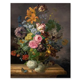 European Bouquet Still Life Print - Vintage Dutch Flower Art, Dark Botanical Decor - Unframed
