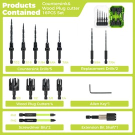 KAKILFOB Countersink Drill Bit Set, 16PCS M2 Cobalt HSS Woodworking Tool Set, Adjustable Depth Tapered Drill Bits with 4 Wood Plug Cutters & 1/4" Hex Shank, Counter Sink Drill Bit for Wood