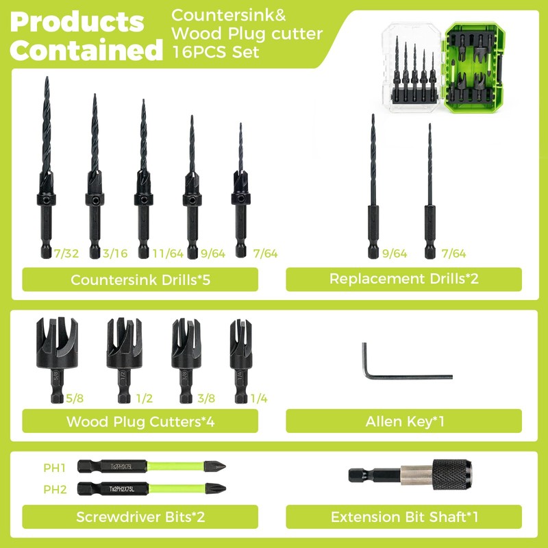KAKILFOB Countersink Drill Bit Set, 16PCS M2 Cobalt HSS Woodworking