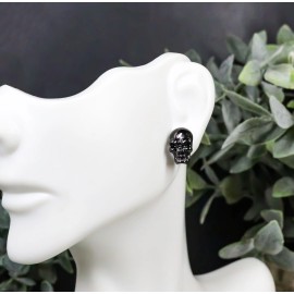 Ghastly Gothic Evil Grinning Skulls Gunmetal Stud Earrings Metal Pewter Alloy