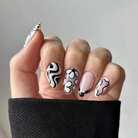 MERVF Almond Press on Nails Medium Fake Nails Checkered French Tip Glue on Nails Black White Swirls Cute Design Press ons Flower Stiletto Acrylic Funny False Nails Glossy 24pcs