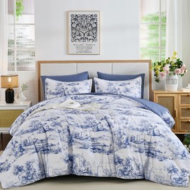 WONGS BEDDING Blue omforter Set King,7 Pieces Bed in a Bag Blue Toile Comforters with Sheets,Elegant Botanical Print Bed Sets，Soft Lightweight Microfiber Farmhouse Complete Bedding Set for All Season