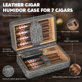 Scotte Cigar Humidor Box, Cigar Lighter Cedar Wood Lined Leather Cigar Case Built in Hygrometer & Humidifier, Torch Lighter with Cigar Holder Cigar Punch Portable Travel Cigar Humidor Kit(No Butane)