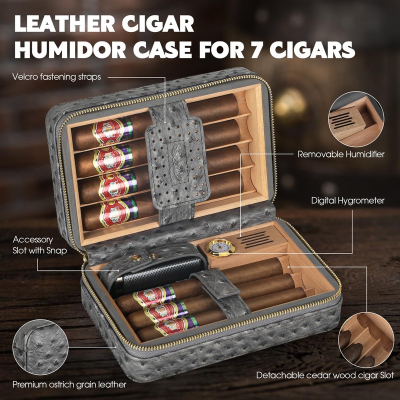 Scotte Cigar Humidor Box, Cigar Lighter Cedar Wood Lined Leather