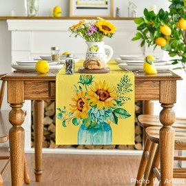 Artoid Mode Yellow Hello Sunshine Sunflower Summer Table Runner, Spring Seasonal Anniversary Holiday Kitchen Dining Table Decoration for Indoor Outdoor Home Party Decor 13 x 36 Inch