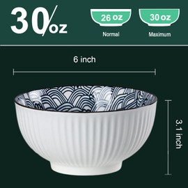 QINLANG 6 Inch Blue and White Porcelain 30 oz Bowls Set of 6 for Soup, Cereal, desserts, ice cream and Rice - Wave Pattern