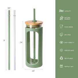 Kodrine 20oz Glass Water Bottle with Straw and Lid,Bamboo Lids Water Tumbler, Iced Coffee Cup Reusable, Wide Mouth Smoothies Cup, Straw Silicone Protective Sleeve BPA FREE-Olive