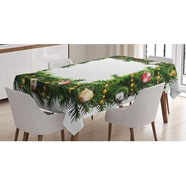 ABAKUHAUS Christmas Tablecloth, Winter Square Wreath, Suitable for Indoor and Outdoor Use, Washable Print, Clear Colours, No Fading, 140 x 200 cm, White Green