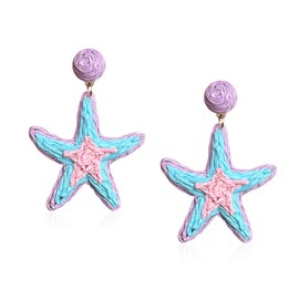 Anmpab Boho Raffia Starfish Earrings Raffia Straw Wrapped Starfish Drop Dangle Earrings Summer Tropical Beach Jewelry (Violet)