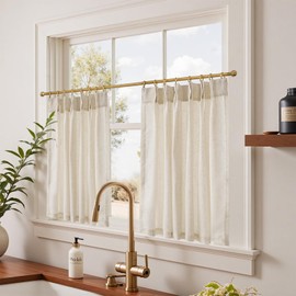 jinchan Pinch Pleated Kitchen Curtains 45 Inch 2 Panels, Modern Farmhouse Rustic Linen Blend Beige Tier Curtains Light Filtering Back Tab Small Window Drapes for Bedroom Bathroom Laundry Crude