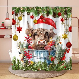 Sanzugh - Cortina de ducha de Navidad para vacas montañosas, lindas cortinas de ducha de tela de animales de granja para baño, decoración de invierno con ganchos, 72 x 84 pulgadas, decoración de baño