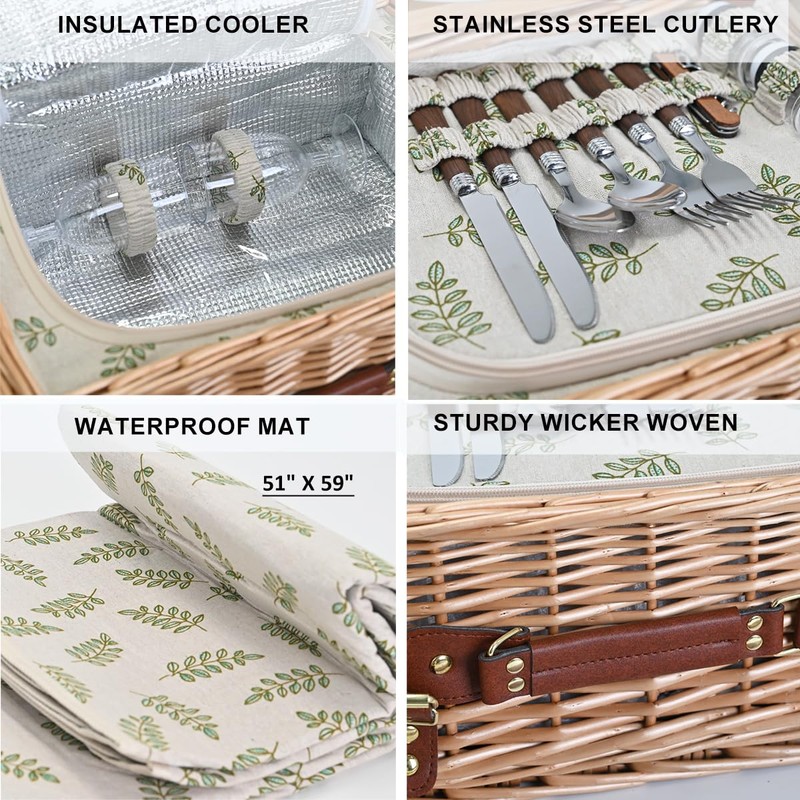 Multifunctional Wicker Picnic Basket Set for 2 with Blanket and