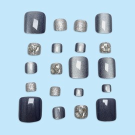 Blue Cat Eye Press on Toenails Short Square Fake Toenails with Silver Glitter Design Rhinestone False Toenails Glossy Summer Glue on Toenails Diamond Stick on Toenails for Women Girls Manicure 24Pcs