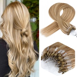 Microlink Hair Extensions Human Hair 18 Inch Micro Ring Human Hair Extensions #8/613 Brown with Blonde 0.5g/Strand Micro Beads Human Hair 50g Micro Loop Hair Extensions