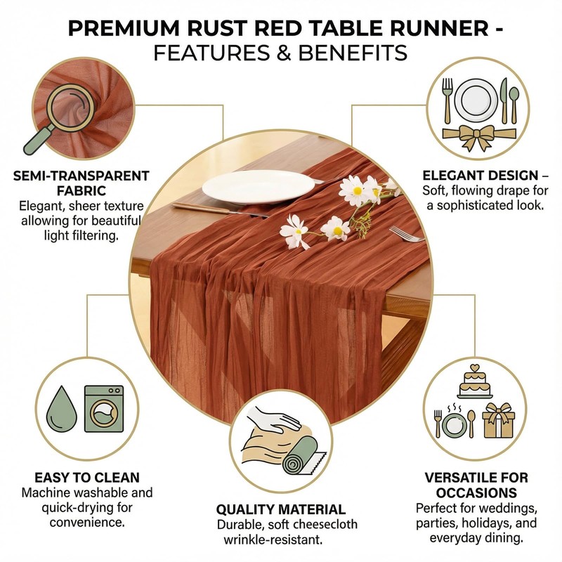 Terracotta Rust Cheesecloth Table Runner Birthday Christmas Valentines Day