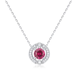 Qings July Ruby Birthstone Necklace Women - 925 Sterling Silver Round Pendant Necklaces Minimalist Chain Red Gemstone Crystals Jewelry with Cubic Zirconia Cute Birthday Gifts for Daughter