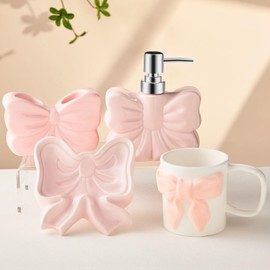 Teenyyou 4 Pcs Pink Bathroom Accessories Set, Bow Toothbrush Holder Pink Cute Ceramic Soap Holder Soap Dispenser Lotion Bottle Cup Tumbler Coquette Bathroom Decor Countertop Accessories Gift