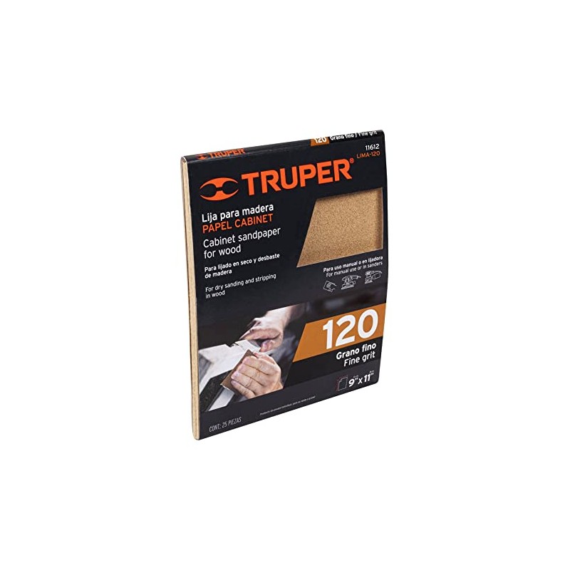 Truper LIMA-120, Lija para madera, papel cabinet, grano 120
