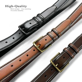 Men's Genuine Leather Dress Belt In Tan With Antique Brass Buckle and White Stitching