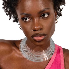 deladola African Choker Necklace Sets Multi-Layer Hoop Gold Plated Bib Choker Earring Bracelet Ring Statement Necklaces for Women (Silver)