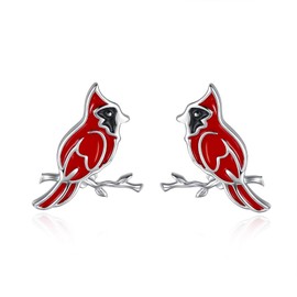 Sterling Silver Cardinal Jewelry for Women - Red Bird Stud Earrings Heart Pendant Necklace Bracelet Always In My Heart Memorial Jewelry Gift for Loss of the Loved One (Stud Earrings)