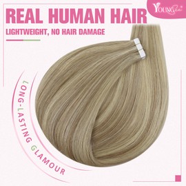 YoungSee Real Hair Tape-in Blonde Skin Weft Hair Extensions Real Hair Tapes Straight Dark Ash Brown with Golden Blonde Highlights Blonde Tape in Extensions Human Hair 20 Pieces / 50 g 50 cm