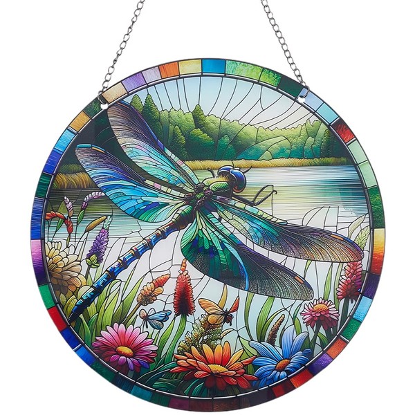 CREATCABIN Stained Windows Hanging Suncatcher Retro Dragonfly Hanging Ornament Round
