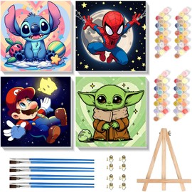 Sretoul 4 Pack Cartoon Paint by Numbers Kit for Kids with Frame - Wooden Easel, Cute Kids Paint by Numbers Ages 4 8 12, DIY Acrylic Oil Painting for Home Wall Decor (8x8 inch)