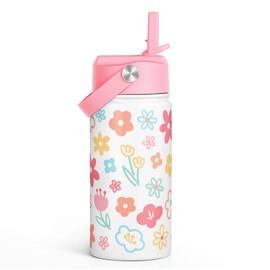 SANDJEST Water Bottle Stainless Steel with Straw Lid 12oz for Kids, Travel Tumbler, Gifts for Girls, Birthday, Christmas, Back To School (Floral)