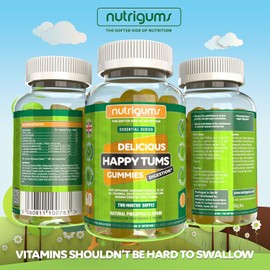 Happy Tums Probiotic Complex Gummy | 1.125 Billion CFU Triple Strain Probiotics, Vitamin C, B3, B5, B6 & Chamomile 1000mg | Pineapple Flavour | 60 Vegan Gummies | Gut & Digestive Health by NUTRIGUMS
