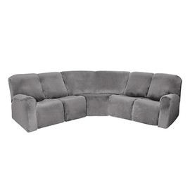 LightInTheBox 7-Piece Velvet Stretch Reclining Couch Covers 5 Seats Corner Sofa Cover L Shape Sectional Recliner Sofa Covers for Sofa Anti Slip Furniture Protector Thick Soft Washable (Gray)