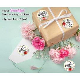 BIZIBAFF 48PCS Mother's Day Stickers - Floral Happy Mother's Day Labels Stickers 1.5" Mothers Day Gift Tags Waterproof Self-Adhesive Mothers Day Present Sticker Labels Party Favors Decorations