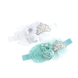 Nishine Baby Christening Headband Toddler Girls Fabric Flower Headband Tiara Stretchy Elastic in Pairs (Child, White/Mint)