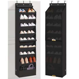 STORAGE MANIAC Over the Door Shoe Organizer with Curtain Dustproof Heavy-Duty Large Deep Pocket Hanging Shoe Organizer for Closet Dorm & Narrow Door Storage Shoe Holder Shoe Rack, 9-Shelf Black 1 Pack