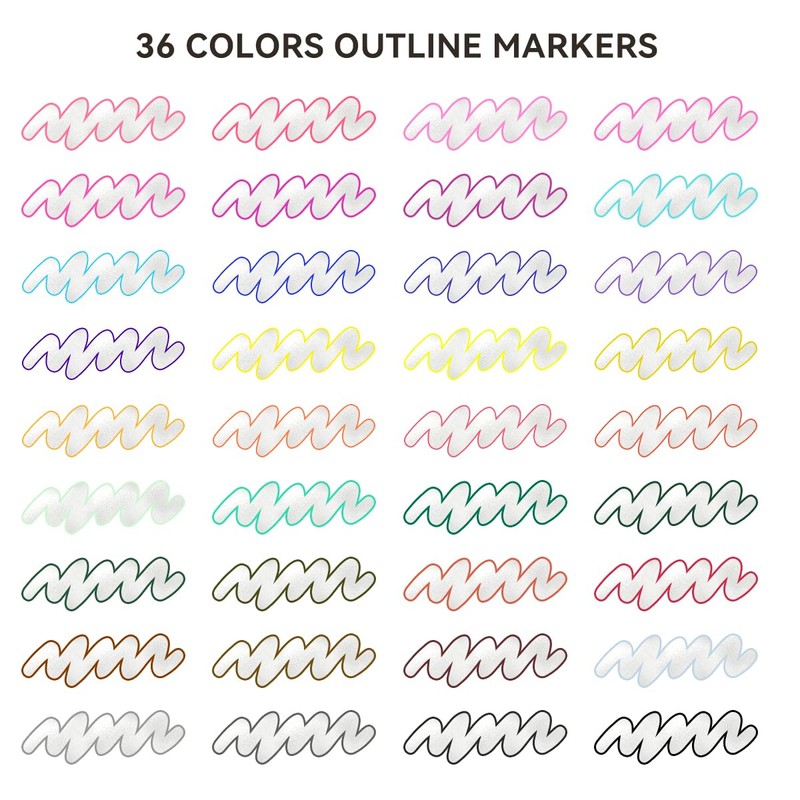 LIGHTWISH 36 Outline Markers Set, Double Line Effect, 2mm Medium