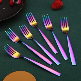 Rainbow Dinner Forks 6 Pieces, Kyraton Titanium Rainbow Plated Stainless Steel 19.5cm Table Forks Cutlery Forks Set, Silverware Set, Dishwasher safe.