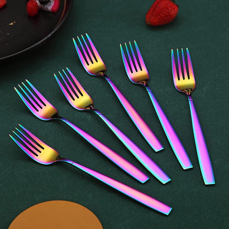 Rainbow Dinner Forks 6 Pieces, Kyraton Titanium Rainbow Plated Stainless