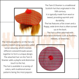 Lizzy Scottish Tam O'Shanter Wig Hat | Red Tartan Hair Cape plus Scottish Flag Tattoos | Fancy Dress Accessory Scotland Sport Supporter Cap