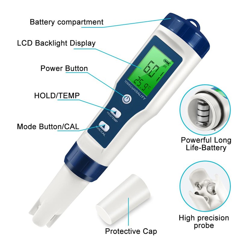 Pool Salt Tester, 5 in 1 pH and Salt Meter