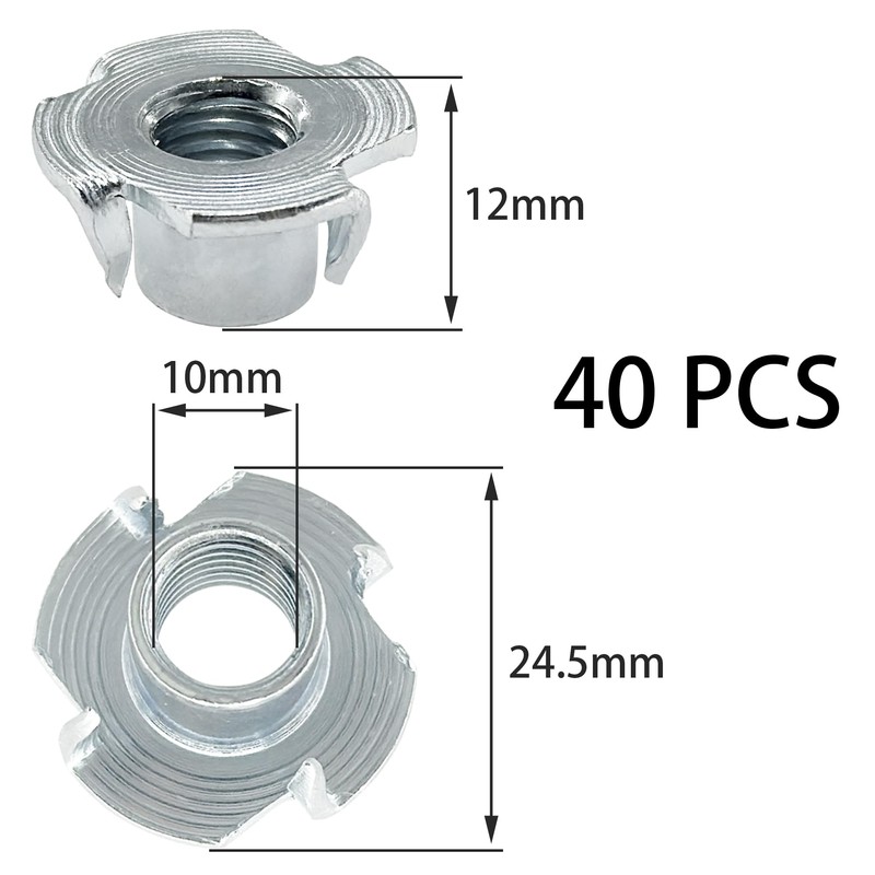 40 PCS Four Pronged T-Nuts, Galvanized Furniture Nuts for Woodworking