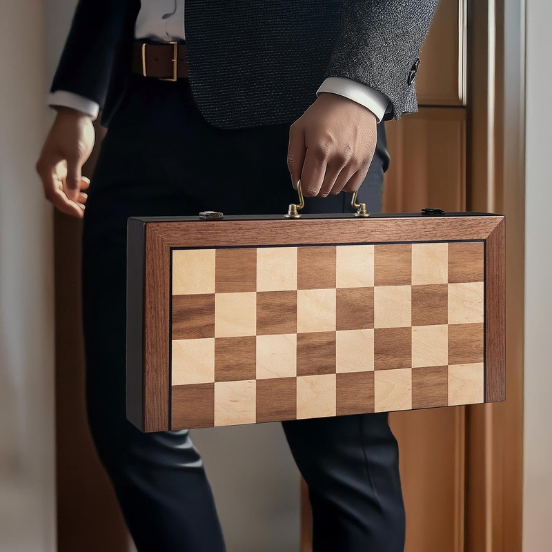 Deluxe Chess Set 16.5'' Wooden Large Folding Chess Board Game