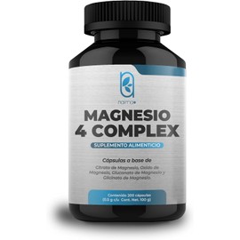 NAIMA Magnesio 4 Complex, 200 Cápsulas  Citrato, Glicinato, Óxido y Gluconato de Magnesio  Suplemento Alimenticio 100 Puro Ingredientes Naturales,