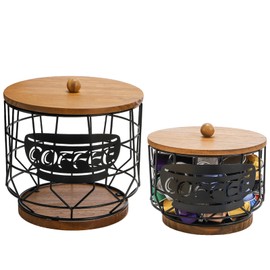 yarlung 2 Pack Coffee Pod Holder with Lid, Large Capacity K Cup Holder with Rustic Wooden Base, Black Wire Coffee Storage Basket for Filters Capsules, Cafe Bar Organizer
