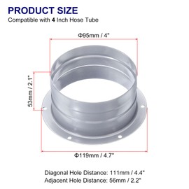 PATIKIL Duct Connector Flange, 4 Inch, 4 Pack Straight Pipe Exhaust Flange, Galvanized Steel Duct Mounting Plate for Heating Cooling Ventilation, HVAC System