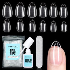 TOMICCA Nail Tips for Gel Nails with Nail Glue Set, 240 Pieces Short Almond Artificial Nail Tips & 7 g Glue Set, Professional Salon Quality, 12 Sizes