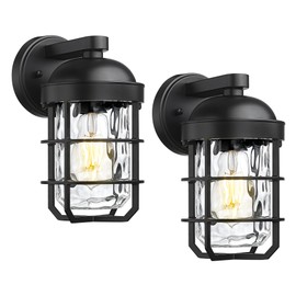 Emliviar Cylinder Outdoor Wall Lights Set of 2, 11" Black Outside Lamps Wall Mount for Porch, Garage, Front Door, E26 Socket with Water Ripple Glass, GE255BL-2PK BK-WG