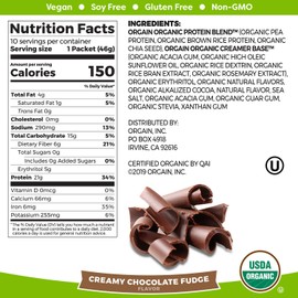 Orgain Organic Plant Based Protein Powder Travel Pack, Creamy Chocolate Fudge - Vegan, Low Net Carbs, Non Dairy, Gluten Free, Lactose Free, No Sugar Added, Soy Free, Kosher, Non-GMO, 10 Count