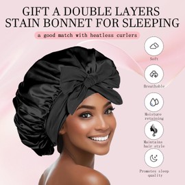 Hroevc Hair Roller & Silk Bonnet Set, Heatless Curls Overnight with Bonnet for Sleeping, No Heat Hair Curls with Satin Bonnet to Sleep in, Heatless Curling Rod & Hair Bonnet Set (Black)