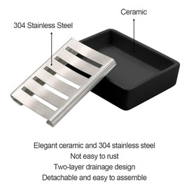 Ulable Ceramic Soap Dish SUS304 Stainless Steel Bathroom Soap Dish Double Layer Self Draining Say No to Soft Soap Easy Cleaning (Black)